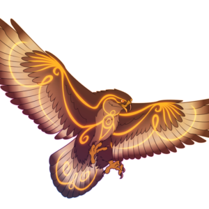 A flat-colored illustration of a large eagle. Their feathers are shades of golden brown and they're covered in swirling golden markings that gently glow.