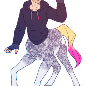 A flat-colored illustration of a dapple gray centaur with blond and pink hair and tail. He wears a black hoodie and grins while throwing horns with his left hand.
