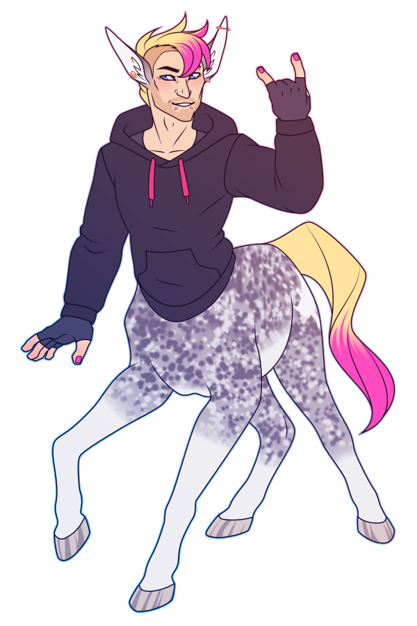 A flat-colored illustration of a dapple gray centaur with blond and pink hair and tail. He wears a black hoodie and grins while throwing horns with his left hand.