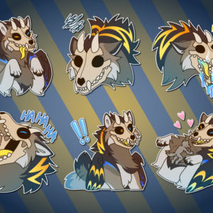 A collection of Telegram stickers of a wolf-dragon monster with a skull for a face. In them, they have their paws up and tongue out with happy-looking glowing eyes in their eye sockets; hold their head low with empty eye sockets, looking disgruntled; roar angrily with empty eye sockets and toxic acid dripping from their maw; laugh raucously with their head thrown back and jaws wide open; sit up attentively with their tail wagging; and lie on their back while a much smaller character sits on them and pets their chest and neck fur.