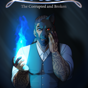 An illustration of an older bearded man in a vest and button-down shirt holding a wolf-styled half-mask up to his face with his left hand and a bright blue fireball in his right hand. His sleeves are rolled up, revealing complex tattoos. His right eye glows blue and his left eye glows red. Above him says "Lancer: the Corrupted and Broken" in silvery text and below him says "by Connor the Werewolf".