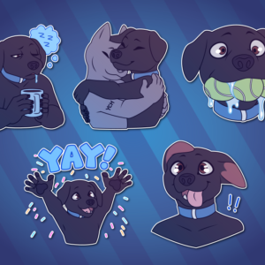 A collection of Telegram stickers of an anthro black labrador retriever. In them, he holds a cup of coffee while looking only half-awake and drooling slightly; hugs another character; proudly holds three tennis balls in his mouth, drooling profusely; throws his hands up and exclaiming "yay!" in a puff of confetti; and looks excited with his eyes wide, tongue hanging out, and ears flopping back.