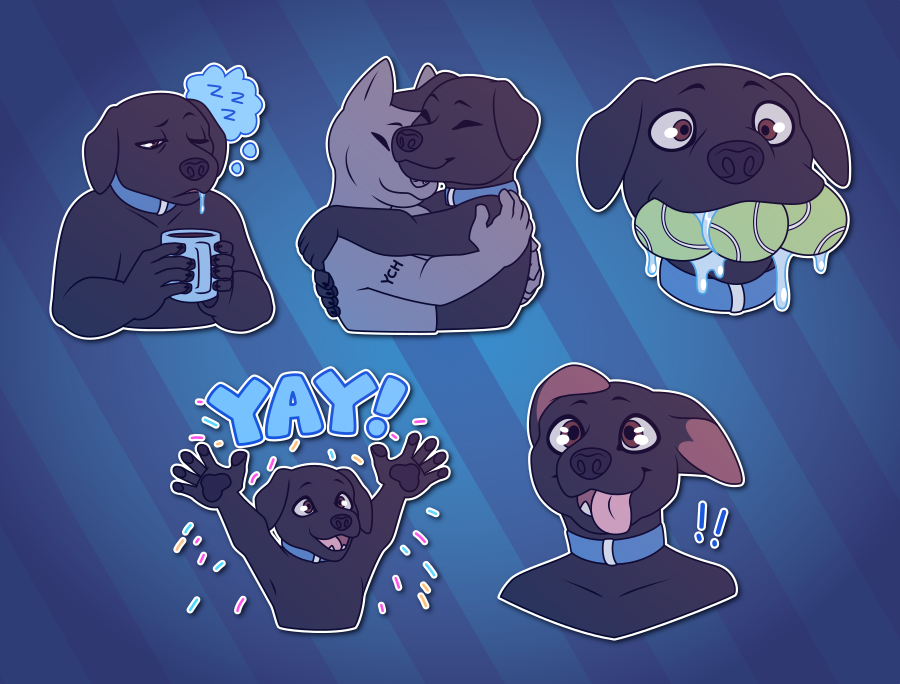 A collection of Telegram stickers of an anthro black labrador retriever. In them, he holds a cup of coffee while looking only half-awake and drooling slightly; hugs another character; proudly holds three tennis balls in his mouth, drooling profusely; throws his hands up and exclaiming "yay!" in a puff of confetti; and looks excited with his eyes wide, tongue hanging out, and ears flopping back.