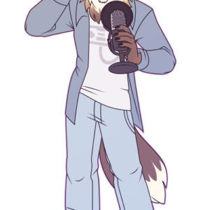 A flat-colored illustration of an anthro fox. He appears relaxed while holding a large pair of headphones to his ear with one hand and holding a fancy microphone in the other.