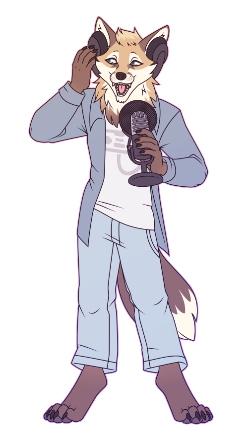 A flat-colored illustration of an anthro fox. He appears relaxed while holding a large pair of headphones to his ear with one hand and holding a fancy microphone in the other.