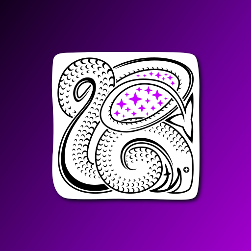A sticker design of a curly abstract wyrm looking dazed and coiled around itself. The illustration is in black and white, except for purple stars within the creature's coils.