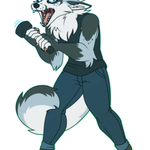 A flat-colored illustration of an anthro marbled fox. She cowers with her tail wrapped around her leg, and screams while clutching a flashlight.