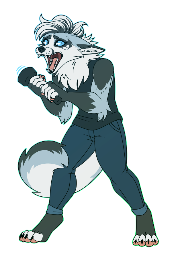 A flat-colored illustration of an anthro marbled fox. She cowers with her tail wrapped around her leg, and screams while clutching a flashlight.