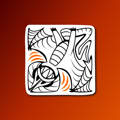 A sticker design of a blocky abstract bat monster with large sharp teeth and no eyes. The illustration is in black and white, except for orange sound waves around the creature's face.