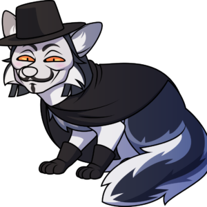 A grinning non-anthropomorphic marbled fox wearing a black cape, gloves, and hat plus fox-shaped Guy Fawkes mask