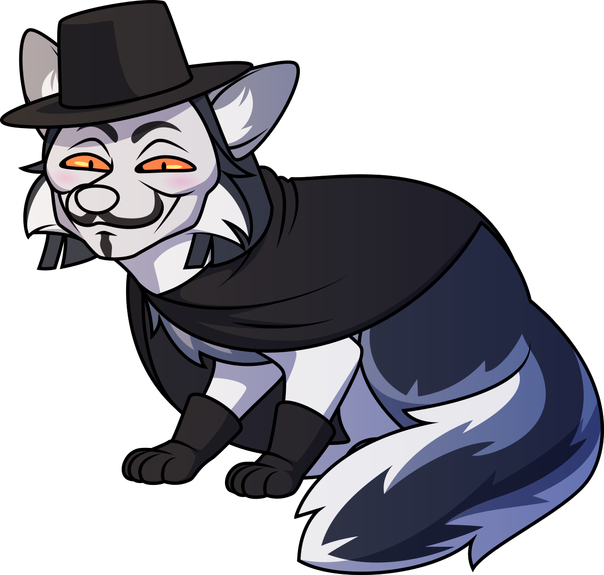 A grinning non-anthropomorphic marbled fox wearing a black cape, gloves, and hat plus fox-shaped Guy Fawkes mask