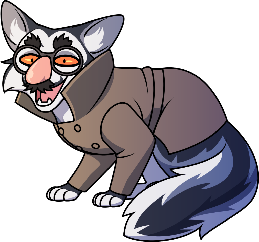 A grinning non-anthropomorphic marbled fox wearing a  suspicious brown trenchcoat and a conspicuous pair of groucho glasses