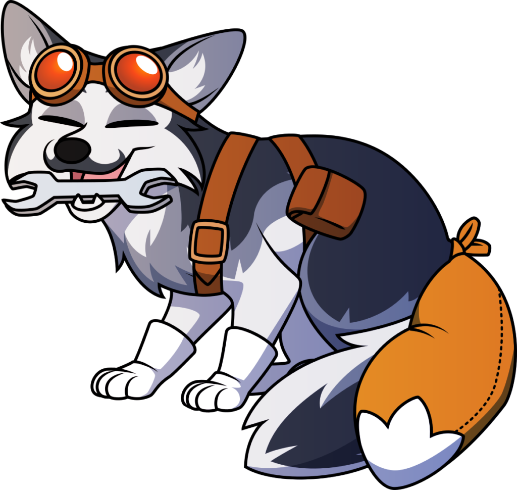 A grinning non-anthropomorphic marbled fox wearing goggles and gloves, carrying a wrench, and sporting an extra fake fox tail to appear similar to Tails the fox from Sonic the Hedgehog