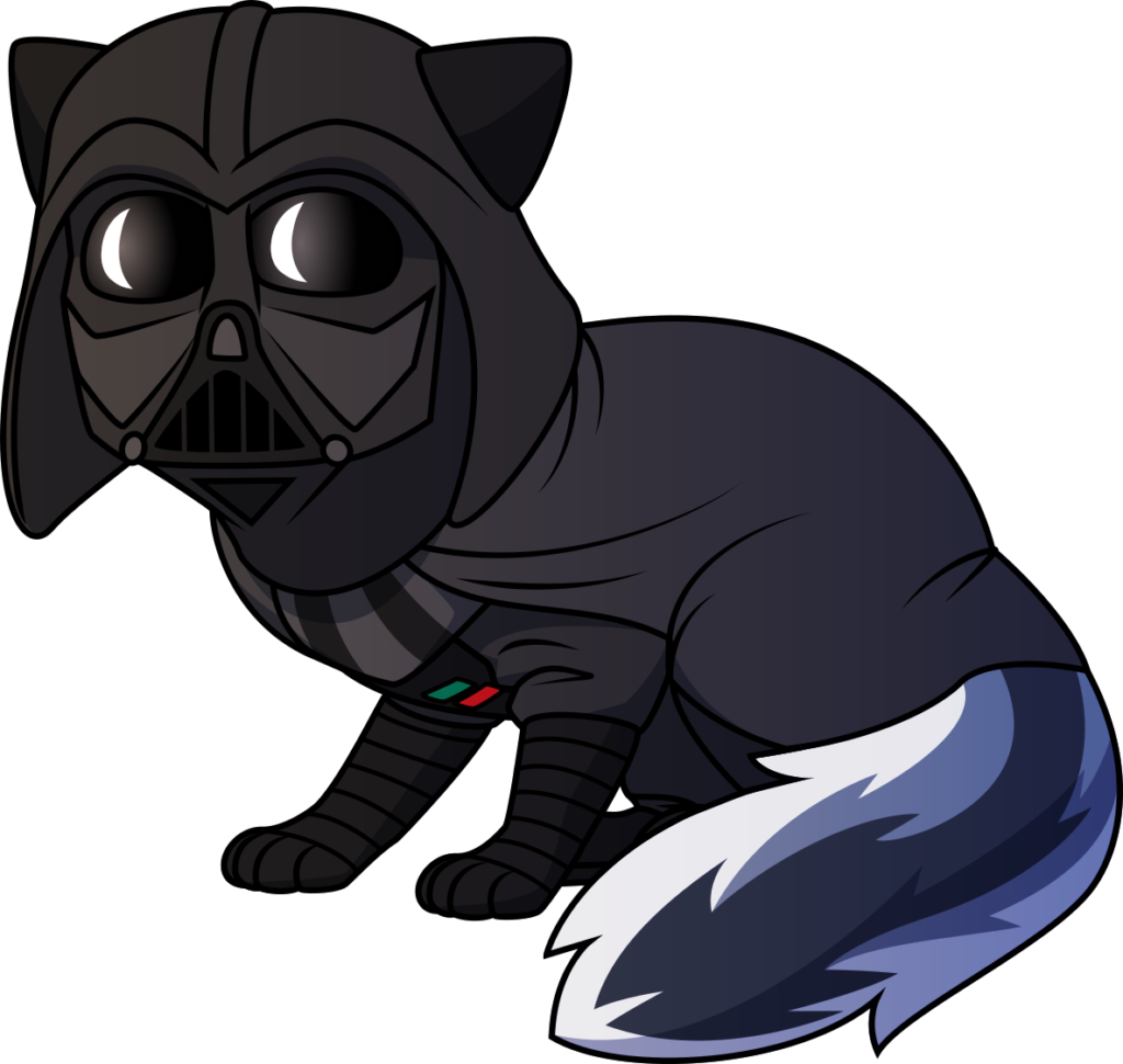 A non-anthropomorphic marbled fox wearing a helmet and dark cloaked outfit similar to Darth Vader from Star Wars