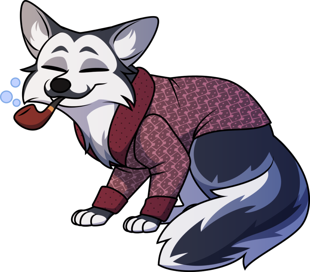 A grinning non-anthropomorphic marbled fox wearing an old-timey smoking jacket and sporting a pipe with bubbles coming out
