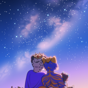 An illustration of an anthro cheetah wearing a cape and crown sitting next to a blue and orange anthro tiger. The two are surrounded by plushies - a lynx, a fox, a husky, and a dragon, and all of them sit on the grass and watch the stars come out as the sun sets.