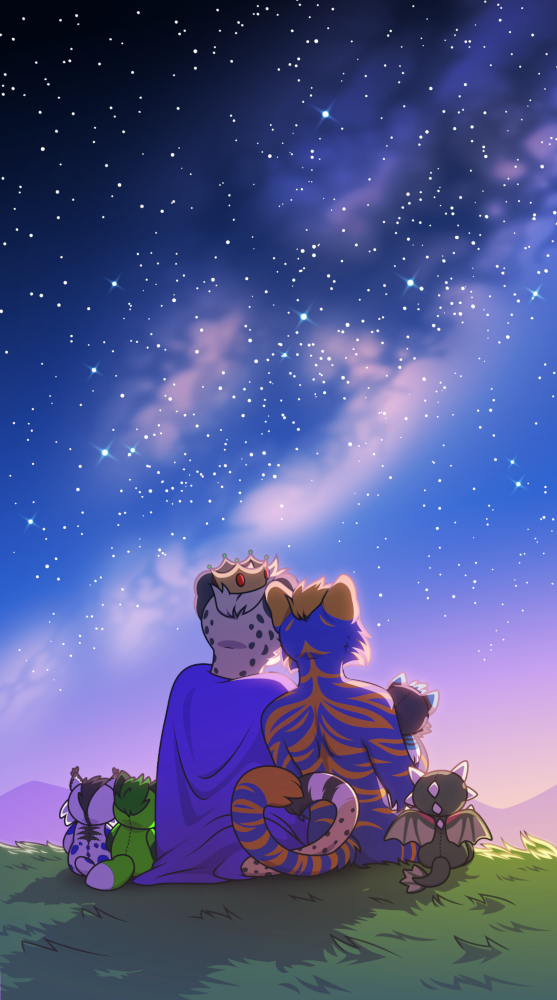 An illustration of an anthro cheetah wearing a cape and crown sitting next to a blue and orange anthro tiger. The two are surrounded by plushies - a lynx, a fox, a husky, and a dragon, and all of them sit on the grass and watch the stars come out as the sun sets.