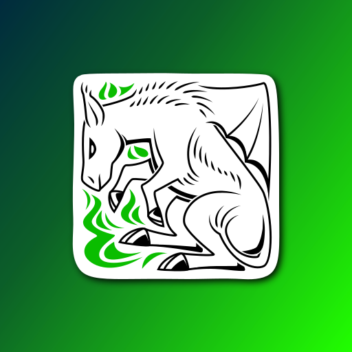 A sticker design of a blocky abstract equine monster that resembles a Jersey Devil. The illustration is in black and white, except for green will-o'-wisps surrounding the creature