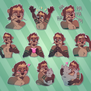 A collection of Telegram stickers of an anthro otter. In them, he smiles; throws his hands up in excitement; laughs raucously; confidently gives a thumbs up; smiles while holding up a large heart; makes puppy eyes; blushes while taking off his glasses; leans forward with a flirty expression; hugs another character tightly; and kisses another character on the lips.