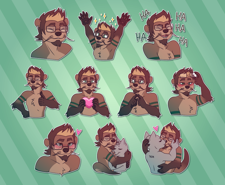 A collection of Telegram stickers of an anthro otter. In them, he smiles; throws his hands up in excitement; laughs raucously; confidently gives a thumbs up; smiles while holding up a large heart; makes puppy eyes; blushes while taking off his glasses; leans forward with a flirty expression; hugs another character tightly; and kisses another character on the lips.