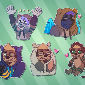 A collection of Telegram stickers of assorted anthro characters: a jackalope wearing an otter hoodie and cheering; a dragon wearing an otter hoodie and looking over his shades with a flirty expression; an otter wearing a dragon hoodie and blowing a kiss; an otter grinning while wearing a jackalope hoodie; and an otter plushie looking soft and marketable