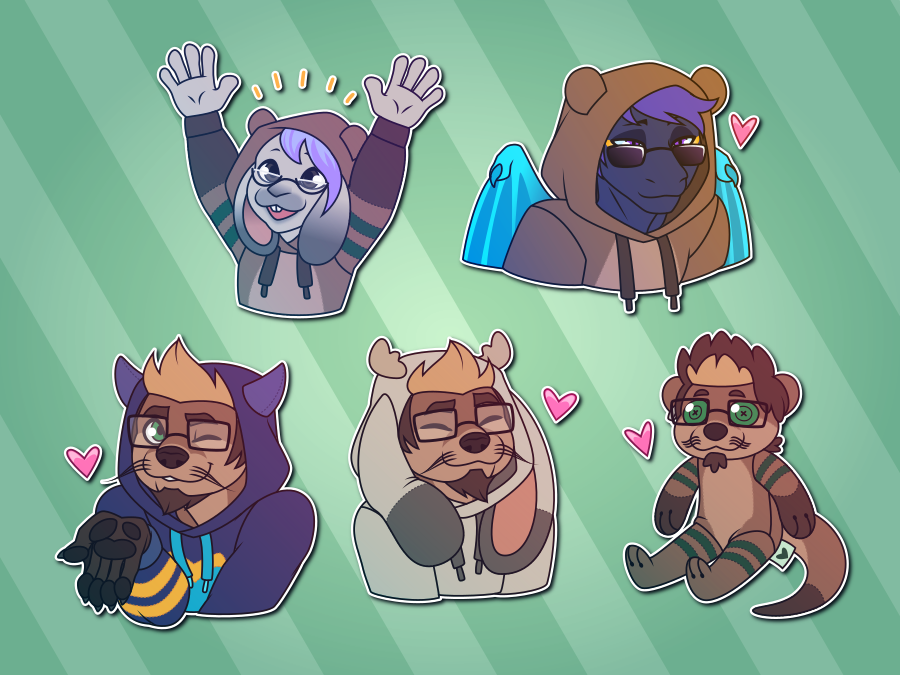 A collection of Telegram stickers of assorted anthro characters: a jackalope wearing an otter hoodie and cheering; a dragon wearing an otter hoodie and looking over his shades with a flirty expression; an otter wearing a dragon hoodie and blowing a kiss; an otter grinning while wearing a jackalope hoodie; and an otter plushie looking soft and marketable