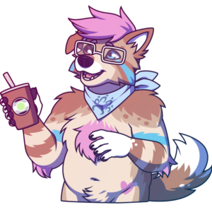 A hips-up illustration of a colorful anthro collie-type dog with glasses and a bandana looking to the side and gesturing at something with their cup of coffee