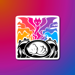 A sticker design of a baby dragon curled up in its egg within a nest, in black and white. Above it is a colorful array of fiery images of dragons