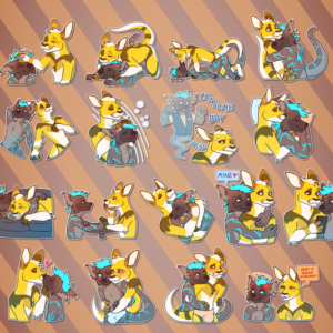 A collection of Telegram stickers of an anthro otter/hyena hybrid named Flash and an anthro kangaroo named Tell. In them, Tell pets Flash on the head; the two have sex; the two make out on the floor; Flash exuberantly hugs Tell; they lie on the ground while gazing at the sky; Tell scrubs Flash's mane in the shower; Flash haunts Tell as a ghost in an Ikea uniform, compelling him to "spend, buy, consume"; the two cuddle in bed; the two rest on a couch with Tell lying on top of Flash; the two gaze into each other's eyes while sitting at a table and holding hands; they snuggle with Flash lying on top of Tell; Flash hugs Tell from behind while saying "mine"; the two watch something intently on Tell's phone; Tell pulls Flash in for a kiss; Tell reaches into Flash's underwear from behind him; Flash reaches into Tell's underwear from behind him; and Flash appears with both a halo and devil horns while Tell suspiciously asks "what is yeenie scheming?"