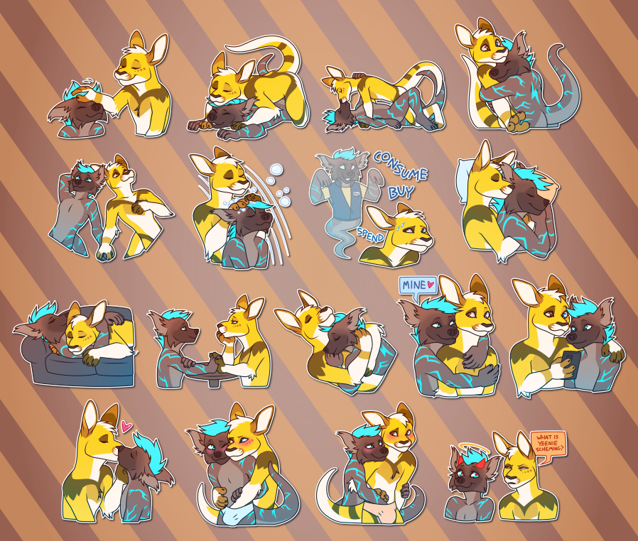A collection of Telegram stickers of an anthro otter/hyena hybrid named Flash and an anthro kangaroo named Tell. In them, Tell pets Flash on the head; the two have sex; the two make out on the floor; Flash exuberantly hugs Tell; they lie on the ground while gazing at the sky; Tell scrubs Flash's mane in the shower; Flash haunts Tell as a ghost in an Ikea uniform, compelling him to "spend, buy, consume"; the two cuddle in bed; the two rest on a couch with Tell lying on top of Flash; the two gaze into each other's eyes while sitting at a table and holding hands; they snuggle with Flash lying on top of Tell; Flash hugs Tell from behind while saying "mine"; the two watch something intently on Tell's phone; Tell pulls Flash in for a kiss; Tell reaches into Flash's underwear from behind him; Flash reaches into Tell's underwear from behind him; and Flash appears with both a halo and devil horns while Tell suspiciously asks "what is yeenie scheming?"