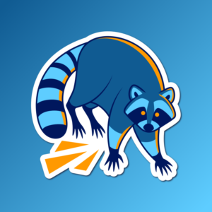 An abstract flat color illustration of a raccoon, with a blue and gold color scheme