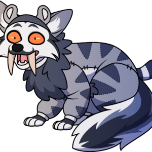 A non-anthropomorphic marbled fox looking shocked with his mouth hanging open. He's wearing a shoddy home-made sabertooth tiger costume, complete with comically large fake fangs