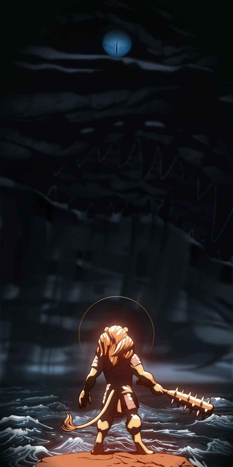 A mixed vector and 3D illustration of an armored anthro lion with a spiked club standing in the sunlight. He faces a dark, stormy sea, and the stormclouds reveal the form of a massive leviathan, with the rain pouring from its maw.