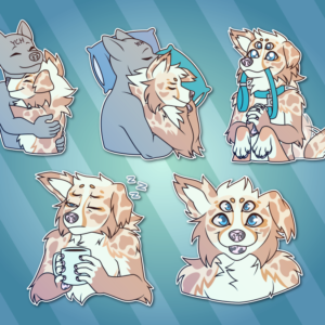 A collection of Telegram stickers of an anthro/taur collie-type dog with four eyes and a multitude of legs. In these stickers, they hug another, taller character; sleep soundly as another character snuggles them from behind; excitedly hold a leash in their mouth, with hands clasped hopefully and front paws raised; look sleepy and unfocused while holding a cup of coffee; and smile directly at the viewer with their tongue out.