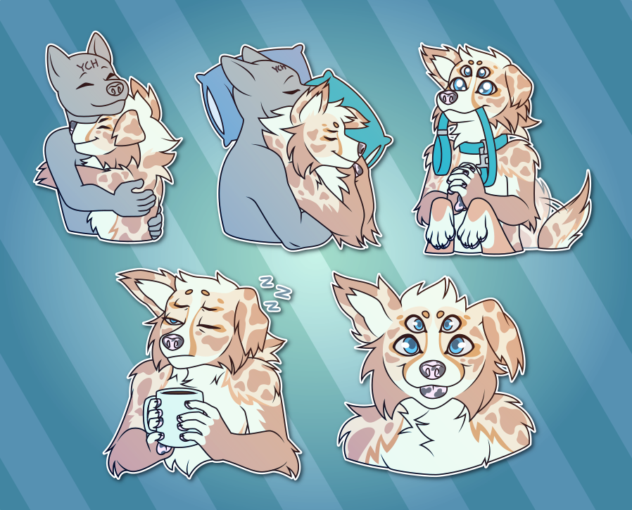 A collection of Telegram stickers of an anthro/taur collie-type dog with four eyes and a multitude of legs. In these stickers, they hug another, taller character; sleep soundly as another character snuggles them from behind; excitedly hold a leash in their mouth, with hands clasped hopefully and front paws raised; look sleepy and unfocused while holding a cup of coffee; and smile directly at the viewer with their tongue out.