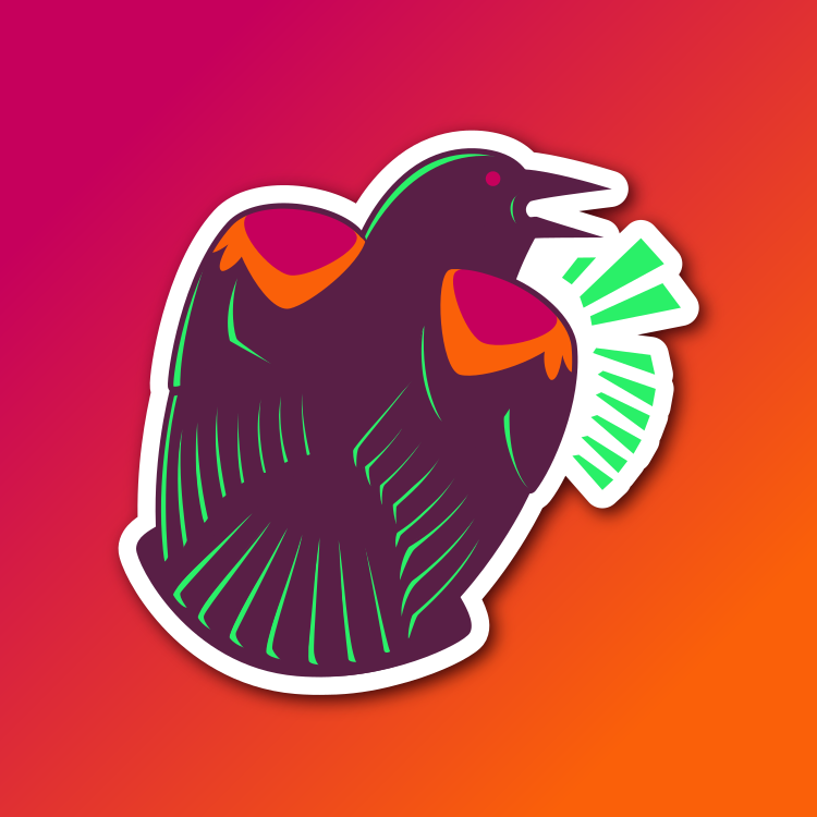 An abstract flat color illustration of a red-winged blackbird, with a purple, red, and green color scheme
