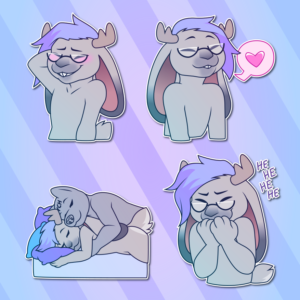 A collection of Telegram stickers of an anthro jackalope wearing glasses. In them, they blush while scratching the back of their head; grin happily while a heart appears in a speech bubble next to them; sleep in a bed with another character cuddling them from behind; and snicker into their paws.