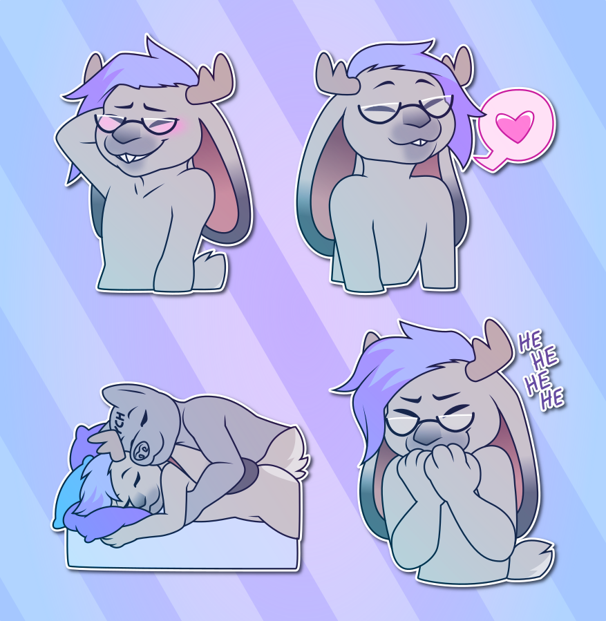 A collection of Telegram stickers of an anthro jackalope wearing glasses. In them, they blush while scratching the back of their head; grin happily while a heart appears in a speech bubble next to them; sleep in a bed with another character cuddling them from behind; and snicker into their paws.