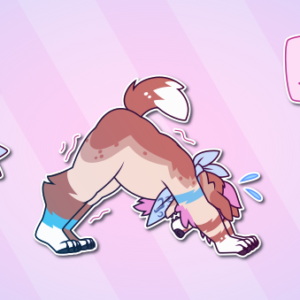 A collection of Telegram stickers of an anthro dog with glasses and a bandana. In them, they playfully bite another character slightly too hard; struggle while doing a downward-dog yoga pose; and appears optimistic while saying "you got this!"