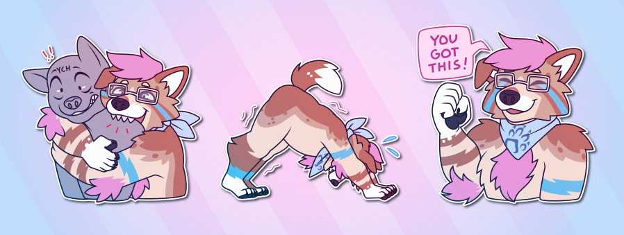 A collection of Telegram stickers of an anthro dog with glasses and a bandana. In them, they playfully bite another character slightly too hard; struggle while doing a downward-dog yoga pose; and appears optimistic while saying "you got this!"