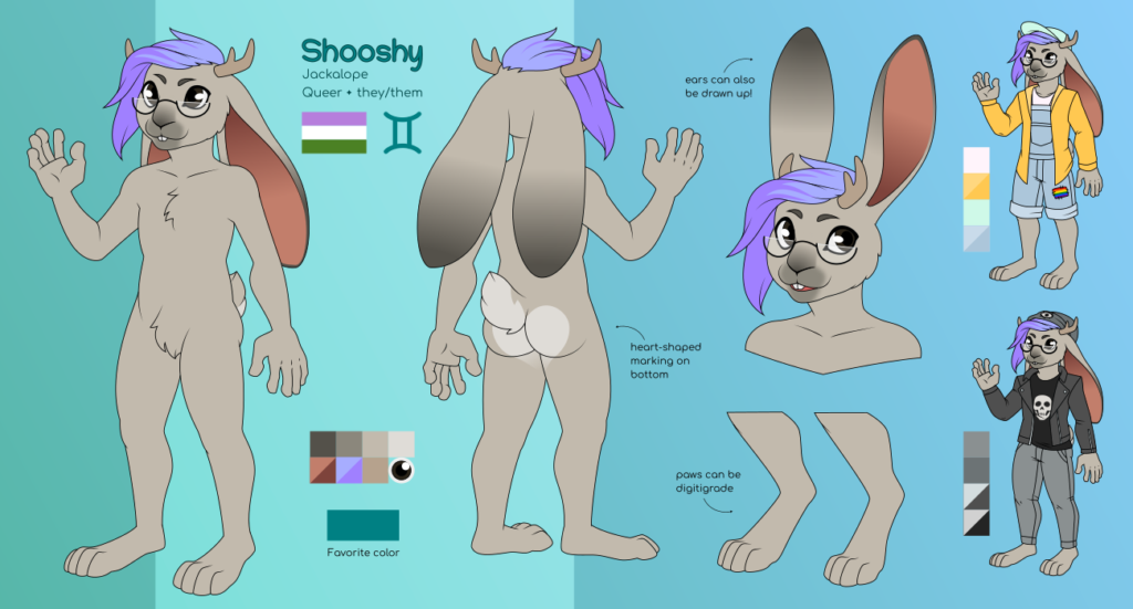 A reference sheet of an anthro jackalope named Shooshy. They are a gray-brown rabbit with tiny antlers, a chin-length blue-purple undercut hairstyle, and semicircular glasses. Their pronouns are they/them, and the ref shows a genderqueer flag and a Gemini zodiac symbol. they have a lighter heart-shaped marking on their bottom, their ears can be drawn floppy or pointed up, and their feet paws can be either plantigrade or digitigrade. The ref also includes possible outfits: one is playful and features a bright yellow jacket and overalls, and the other is more punk with a leather jacket and shirt with a skull image on it.