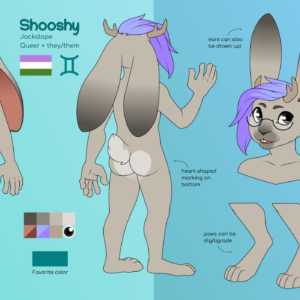 A reference sheet of an anthro jackalope named Shooshy. They are a gray-brown rabbit with tiny antlers, a chin-length blue-purple undercut hairstyle, and semicircular glasses. Their pronouns are they/them, and the ref shows a genderqueer flag and a Gemini zodiac symbol. they have a lighter heart-shaped marking on their bottom, their ears can be drawn floppy or pointed up, and their feet paws can be either plantigrade or digitigrade. The ref also includes possible outfits: one is playful and features a bright yellow jacket and overalls, and the other is more punk with a leather jacket and shirt with a skull image on it.