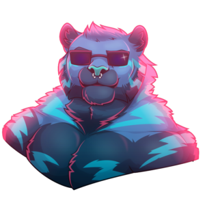 A portrait of a burly blue anthro tiger with lighter blue stripes that resemble lightning bolts. He wears dark shades and looks confidently at the viewer. Behind him is bright pink rim lighting.