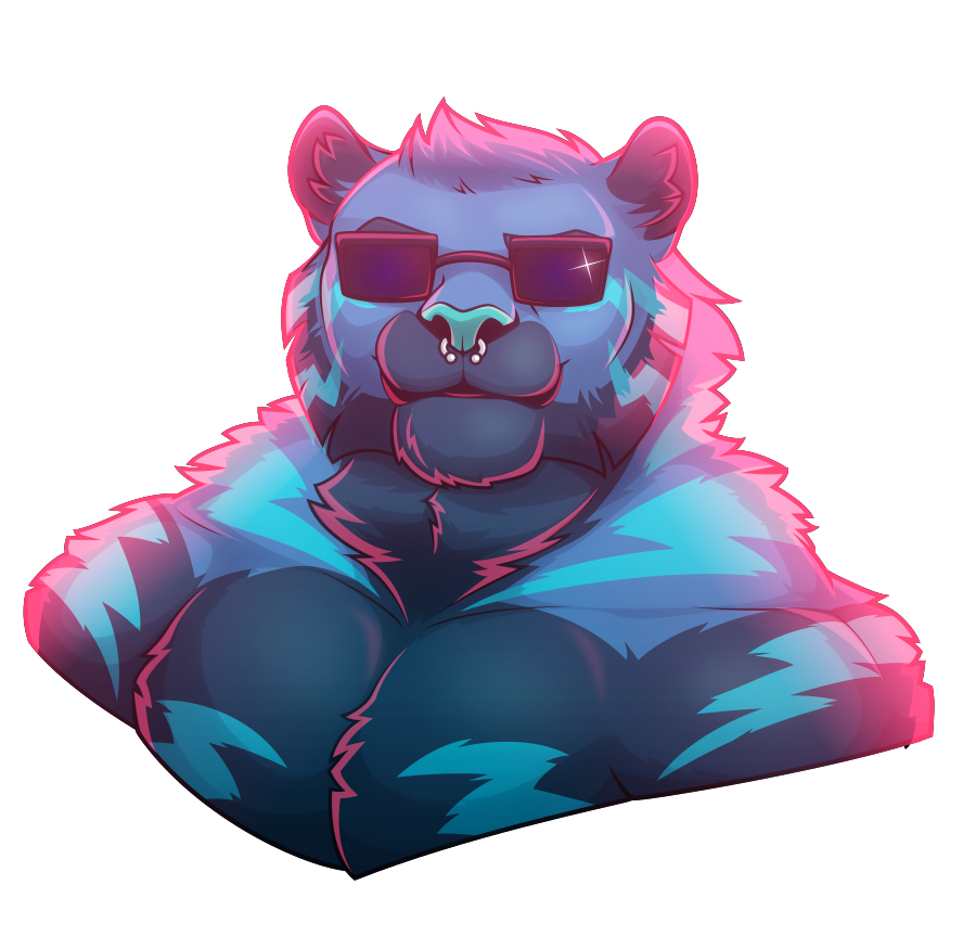 A portrait of a burly blue anthro tiger with lighter blue stripes that resemble lightning bolts. He wears dark shades and looks confidently at the viewer. Behind him is bright pink rim lighting.