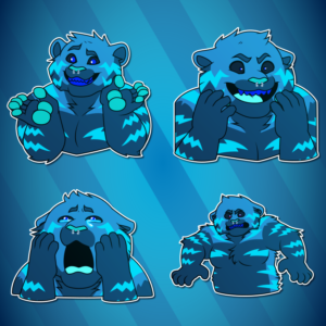 A collection of Telegram stickers of a burly blue anthro tiger with lightning bolt-style stripes. In them, he shrugs; grins maniacally; cries dramatically and comically; and looks menacing with his arms raised as his sides.