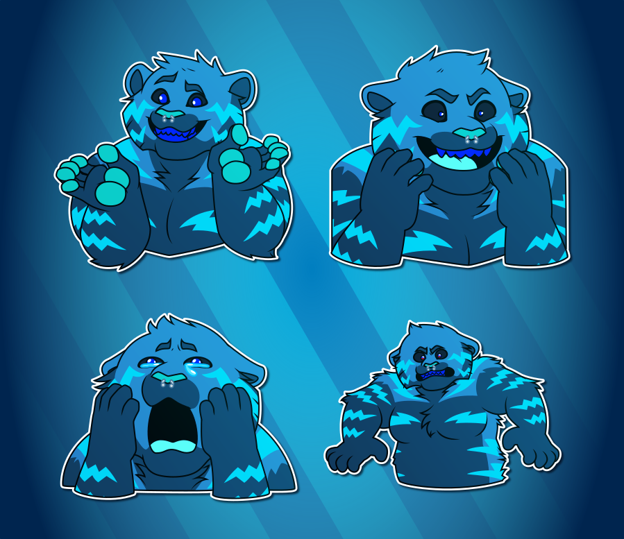 A collection of Telegram stickers of a burly blue anthro tiger with lightning bolt-style stripes. In them, he shrugs; grins maniacally; cries dramatically and comically; and looks menacing with his arms raised as his sides.