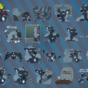A collection of Telegram stickers of an anthro silver fox wearing glasses. In them, puts on a clown wig and nose, which makes a "honk!" noise; shouts at another character while dressed as a drill sargeant; dabs while secretly suffering, tears and mucus running down his face; looks confused as a loading circle spins on his forehead and smoke pours from his ears; smiles, looking strong and masculine like the "giga chad" meme; blushes while sitting on top of another character and looking into their eyes; appears as a non-anthro content-aware scaled fox, with the text "oh no, cringe"; appears as a non-anthro fox backed halfway up the wall in the corner of a room; grins and points finger guns; makes a skeptical expression with "[X] doubt", like the "press x to doubt" meme; slav squats while wearing a tracksuit and holding a handgun and bottle of vodka; appears as a potato with fox ears, tail, and glasses; wears an intense expression while reaching toward the viewer like the "screen-reaching hand" meme/cursed emoji; recoils with a revolted expression; wears shades while lying on his back and aiming beneath his own legs with a gun in each hand; grabs the entire end of another characters muzzle and simply says "shut."; force-shocks another character while dressed as a sith lord; beckons the viewer toward him while holding the end of a leash; cries, trying to wipe away tears; licks another character who is blushing; appears as a tombstone reading "here lies a stupid fox" with a mound of dirt before it and his glasses on top; and points dramatically at the viewer while saying "shut the fuck up, nerd".
