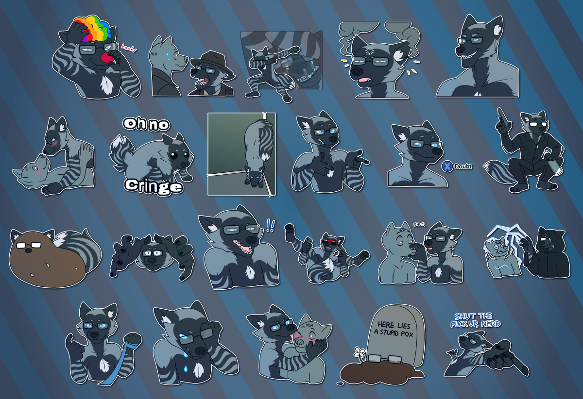 A collection of Telegram stickers of an anthro silver fox wearing glasses. In them, puts on a clown wig and nose, which makes a "honk!" noise; shouts at another character while dressed as a drill sargeant; dabs while secretly suffering, tears and mucus running down his face; looks confused as a loading circle spins on his forehead and smoke pours from his ears; smiles, looking strong and masculine like the "giga chad" meme; blushes while sitting on top of another character and looking into their eyes; appears as a non-anthro content-aware scaled fox, with the text "oh no, cringe"; appears as a non-anthro fox backed halfway up the wall in the corner of a room; grins and points finger guns; makes a skeptical expression with "[X] doubt", like the "press x to doubt" meme; slav squats while wearing a tracksuit and holding a handgun and bottle of vodka; appears as a potato with fox ears, tail, and glasses; wears an intense expression while reaching toward the viewer like the "screen-reaching hand" meme/cursed emoji; recoils with a revolted expression; wears shades while lying on his back and aiming beneath his own legs with a gun in each hand; grabs the entire end of another characters muzzle and simply says "shut."; force-shocks another character while dressed as a sith lord; beckons the viewer toward him while holding the end of a leash; cries, trying to wipe away tears; licks another character who is blushing; appears as a tombstone reading "here lies a stupid fox" with a mound of dirt before it and his glasses on top; and points dramatically at the viewer while saying "shut the fuck up, nerd".
