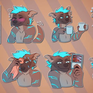 A collection of Telegram stickers of an anthro otter/hyena hybrid. In them, he peeks out from behind a brick wall; blushes and wags his tail; holds a coffee mug and offers up another one; appears disheveled, tired, and dazed; sticks his tongue out playfully; sweats profusely while mopping his face with a towel; smugly holds up a "counterspell" Magic the Gathering card; and smugly holds up an Uno reverse card which is on fire.