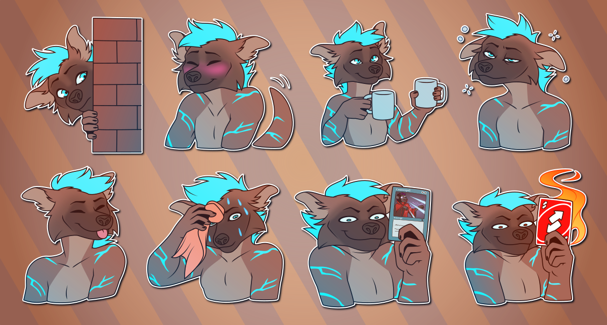 A collection of Telegram stickers of an anthro otter/hyena hybrid. In them, he peeks out from behind a brick wall; blushes and wags his tail; holds a coffee mug and offers up another one; appears disheveled, tired, and dazed; sticks his tongue out playfully; sweats profusely while mopping his face with a towel; smugly holds up a "counterspell" Magic the Gathering card; and smugly holds up an Uno reverse card which is on fire.